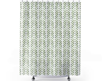 Green Shower Curtain herringbone pattern bathroom decor modern shower curtains watercolor boho bohemian hand drawn pattern
