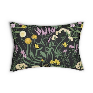Botanical Lumbar Throw Pillow wild flowers lumbar pillow black spring home decor green leaves bedroom decor vintage botany accent pillow