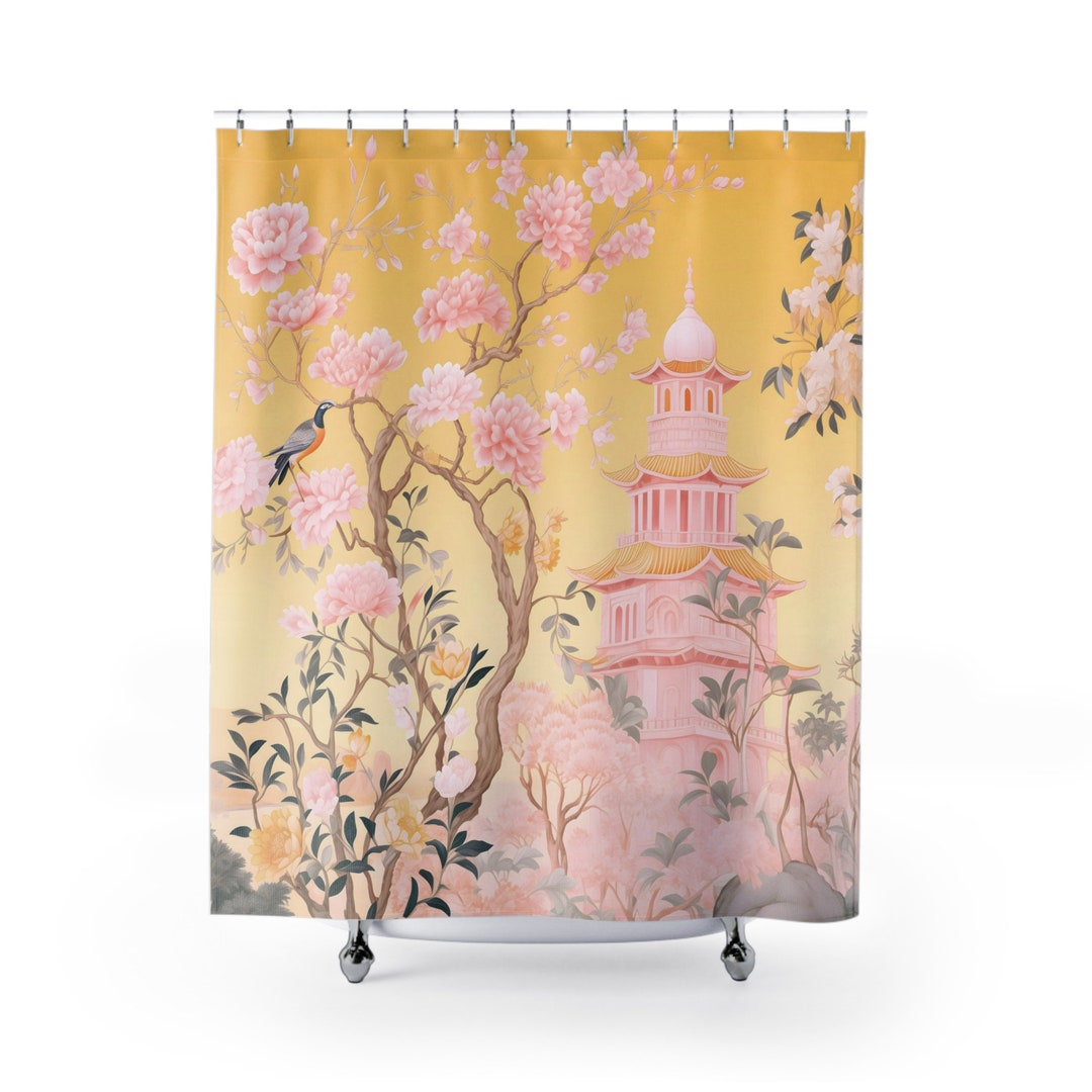 Chinoiserie Shower Curtain Vintage Bathroom Decor Yellow Pink Pagoda