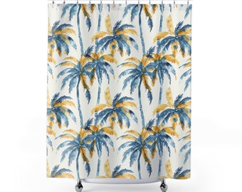Palm trees Shower Curtain tropical Bathroom Decor blue yellow jungle Shower Curtain watercolor spring summer exotic botanical trendy unique