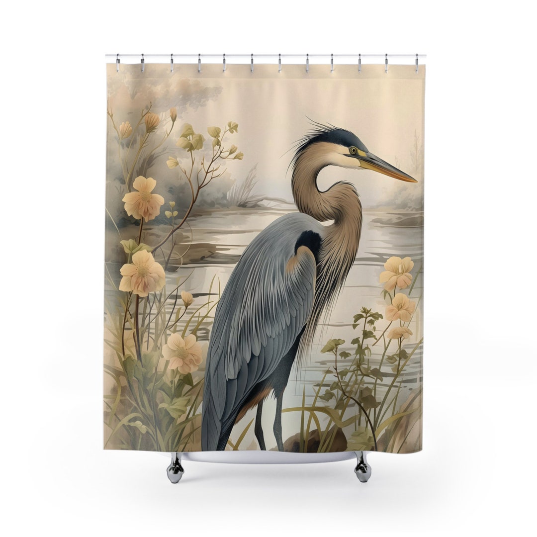 Blue Heron Shower Curtain Vintage Bathroom Decor Victorian Art Etsy