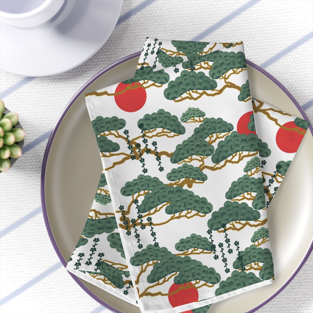 Japanese Table Napkins Vintage White Green Red Napkins Asian Kitchen