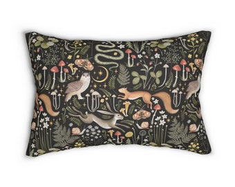 Woodland animals Lumbar Throw Pillow fairy maical lumbar pillow green forest home decor nature bedroom nurery owl snake squirrel hare rabbit