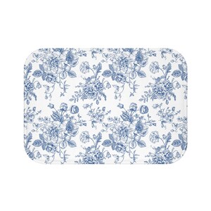 Blue roses bath mat white blue bath mats vintage bathroom decor shabby chic bath rug floral bathroom mat elegant flowers romantic