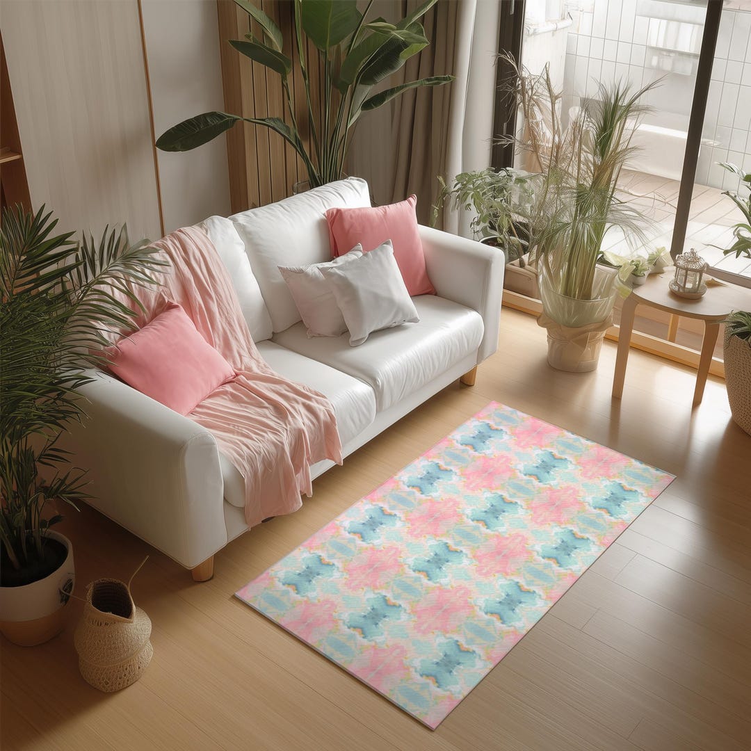 Abstract Watercolor Chenille Area Rug: Blush Pink, Light Blue - Modern ...