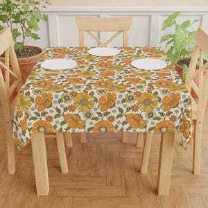 Retro flowers Tablecloth 70s 60s vintage home decor orange yellow floral kitchen funky table cloth mid century dining room groovy