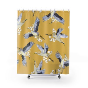 Japanese Shower Curtain Oriental Bathroom Decor Japanese Crane Bathroom Mat Mustard Yellow Shower Curtain Japanese Bath Mat Birds