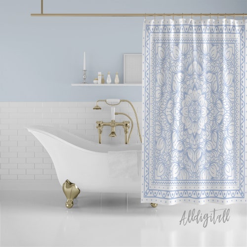 Boho Shower Curtain Blue Bathroom Decor Boho Bathroom Mat Blue Etsy