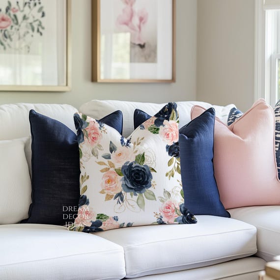 Floral Throw Pillow Cover Navy Blush Pink Pillow Case Watercolor