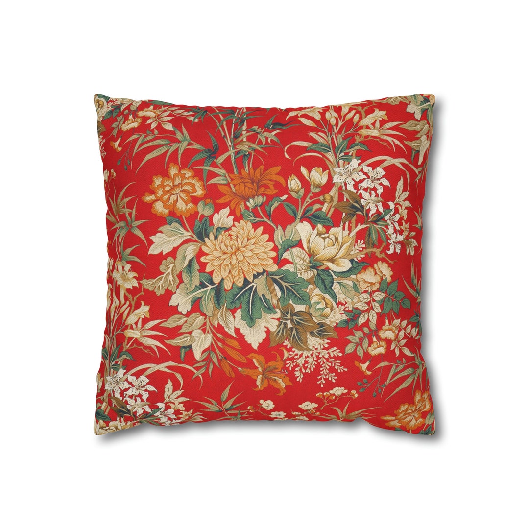 Red Chinoiserie Floral Pillow Cover: Vintage Asian Decor - Etsy