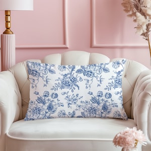 Blue roses Lumbar Throw Pillow, vintage lumbar pillow, blue and white home decor, floral bedroom romantic shabby chic accent pillow flowers