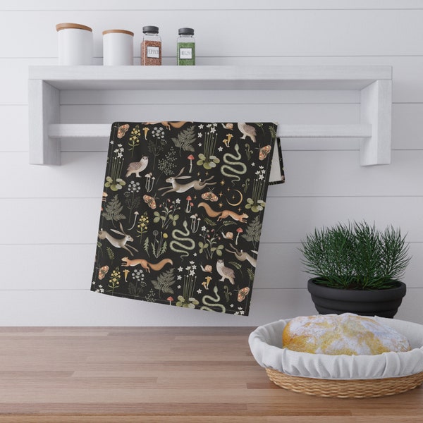 Woodland Kitchen Towel forest animals dish towel fairy magical forest kitchen decor hare rabbit snake tea towel hostess gift kitchenware