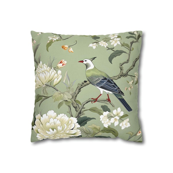 Chinoiserie throw pillow cover vintage pillow case oriental home decor asian living room decor light green botanical chinese garden birds