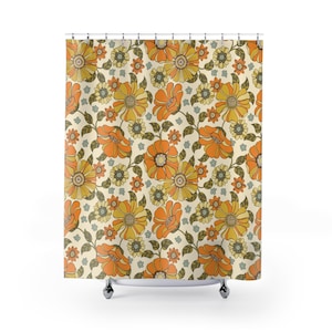 Retro flowers Shower Curtain 70s 60s retro Bathroom Decor colorful Shower Curtain daisies bath curtain hippie shower curtain boho orange