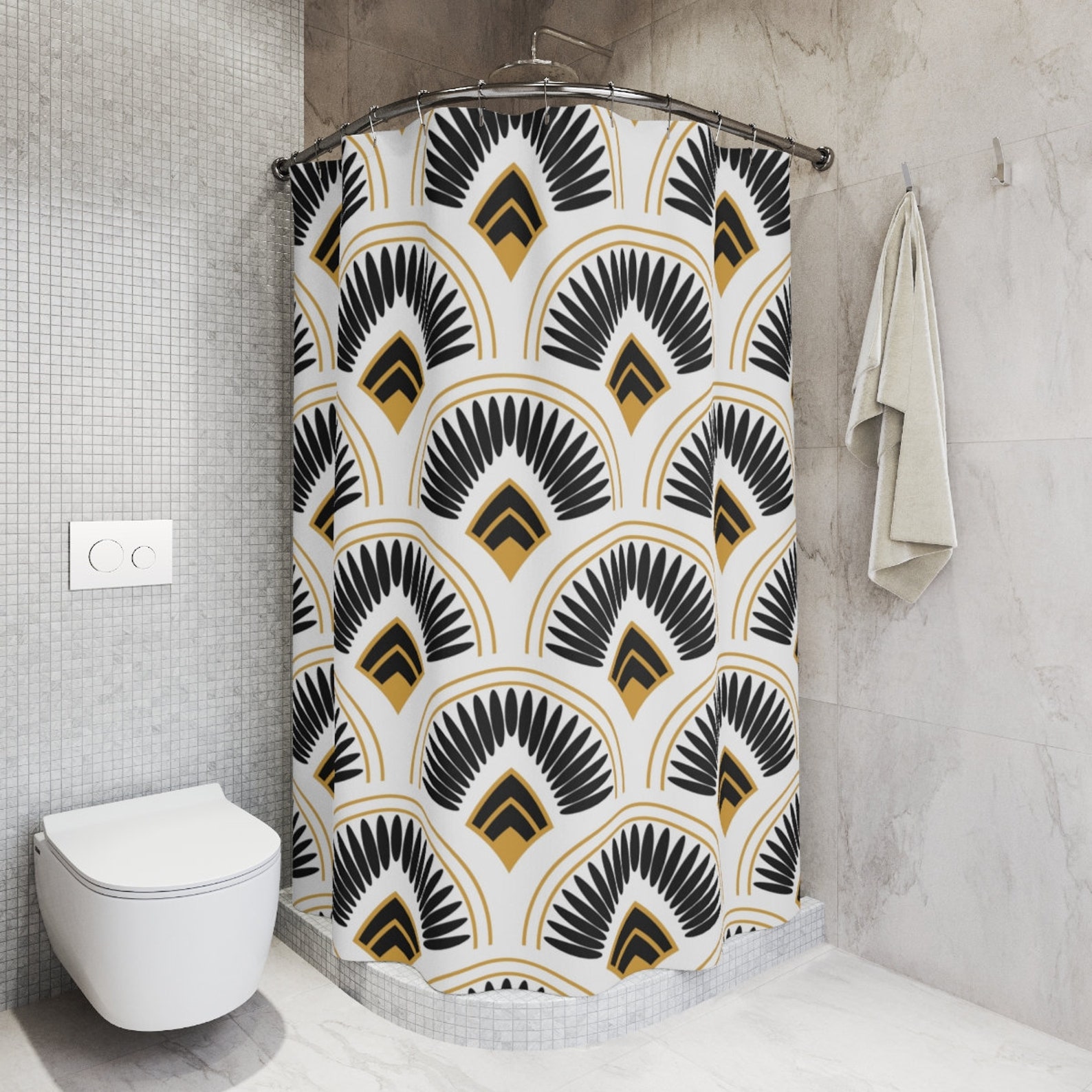 Art Deco Shower Curtain Elegant Bathroom Decor White Grey Etsy