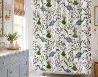 Heron Shower Curtain vintage bathroom decor white green blue shower curtains bird bathroom decor botanical bathtube designer nature SKU 0047
