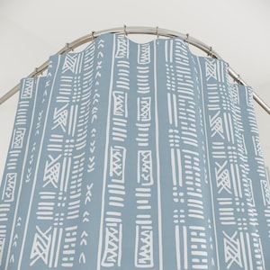 African Shower Curtain tribal blue white Bathroom Decor Ethnic mud cloth boho ethno pattern bohemian minimalistic coastal