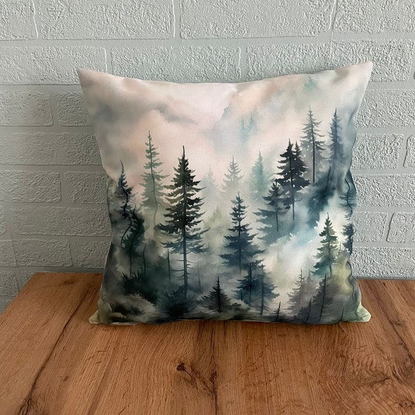 Woodland throw pillow cover modern art pillow cover watercolor home decor green forest bedroom decor pine trees accent pillow cabin decor