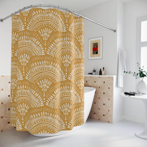 Boho Shower Curtain Mustard Yellow Bathroom Decor Boho Bathroom Mat Yellow Shower Curtain Hand drawn artistic pattern simple minimalistic