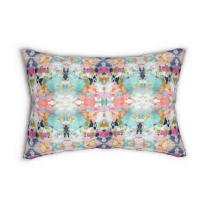 Watercolor Lumbar Throw Pillow kaleidoscope lumbar pillow mint pink ikat home decor boho bedroom decor mirrored painting art artistic