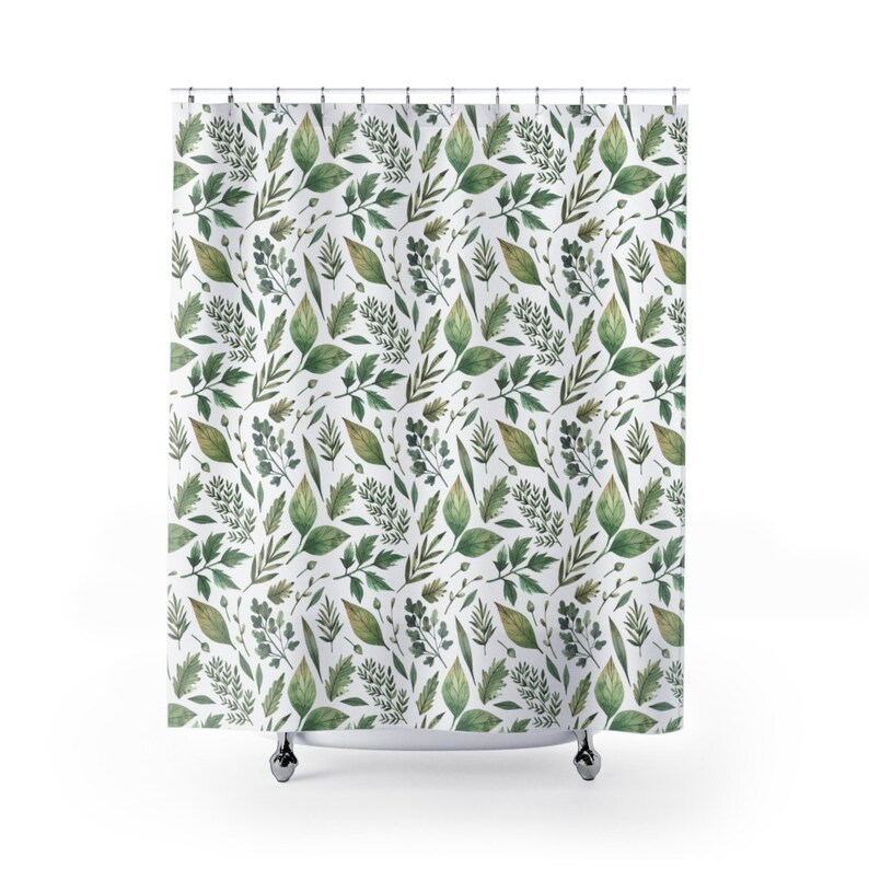 Botanical Shower Curtain Woodland Bathroom Decor White Green Etsy