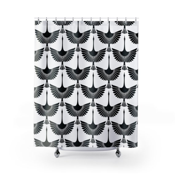 Crane Shower Curtain Vintage Bathroom Decor Japanese birds Shower Curtain black and white pattern chinoiserie bath decor oriental asian