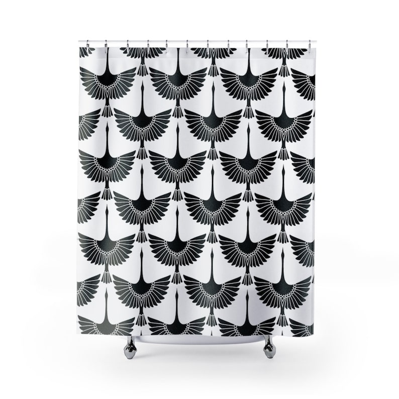 Crane Shower Curtain Vintage Bathroom Decor Japanese birds Shower Curtain black and white pattern chinoiserie bath decor oriental asian bild 1