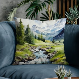 Woodland throw pillow cover modern art pillow case watercolor home decor green forest bedroom decor mountains accent pillow cabin decor