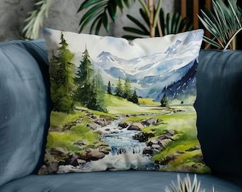 Woodland throw pillow cover modern art pillow case watercolor home decor green forest bedroom decor mountains accent pillow cabin decor
