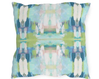Abstract art Outdoor Pillow: mirrored pastel Patio Decor, blue green blush pink