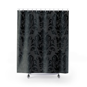 Damask Shower Curtain Gothic Bathroom Decor Gothic Bathroom Mat black grey Shower Curtain occult bathroom halloween shower curtain horror