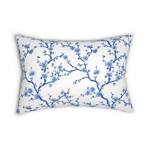 Cherry blossom Lumbar Throw Pillow vintage lumbar pillow blue and white home decor floral bedroom decor japanese accent pillow flowers