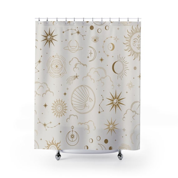 Mystic Shower Curtain Cream Gold Bathroom Decor Stars Sun Moon