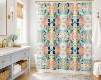 Colorful Watercolor Shower Curtain – Pink Blue & Yellow Preppy Bathroom Decor, Abstract Pastel Bath Curtain