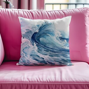 Blue wave throw pillow cover watercolo pillow case surfing home decor tropical bedroom decor beach house decor ocean seaside summer sea