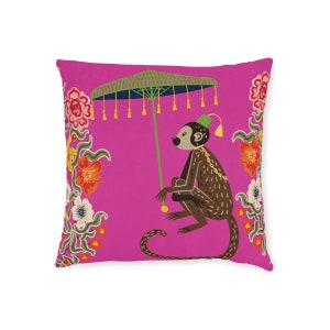 Chinoiserie throw pillow cover vintage pillow cover oriental home decor asian living room decor hot pink chinese monkey umbrella asian