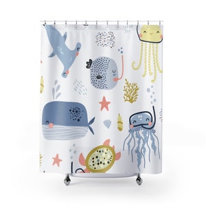 Ocean Shower Curtain kids bathroom decor boho shower curtains sealife bathroom decor octopus bath decor nautical shower curtain