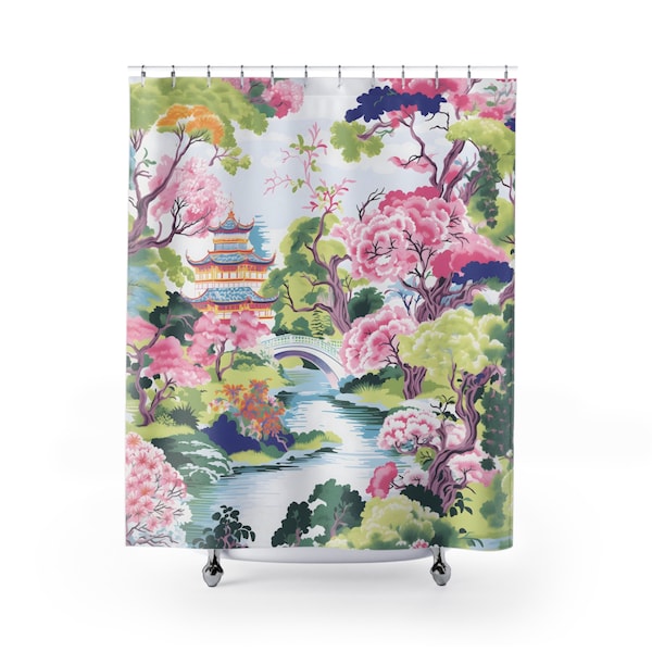 Chinoiserie Shower Curtain vintage bathroom decor green pink pagodas shower curtains asian bath decor oriental home decor chinese japanese