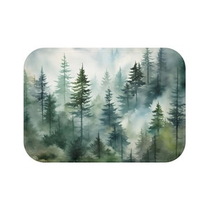 Woodland bath mat watercolor forest bath mats green bathroom decor botanicalbath rug greenery bathroom mat boho bohemian cabin decor