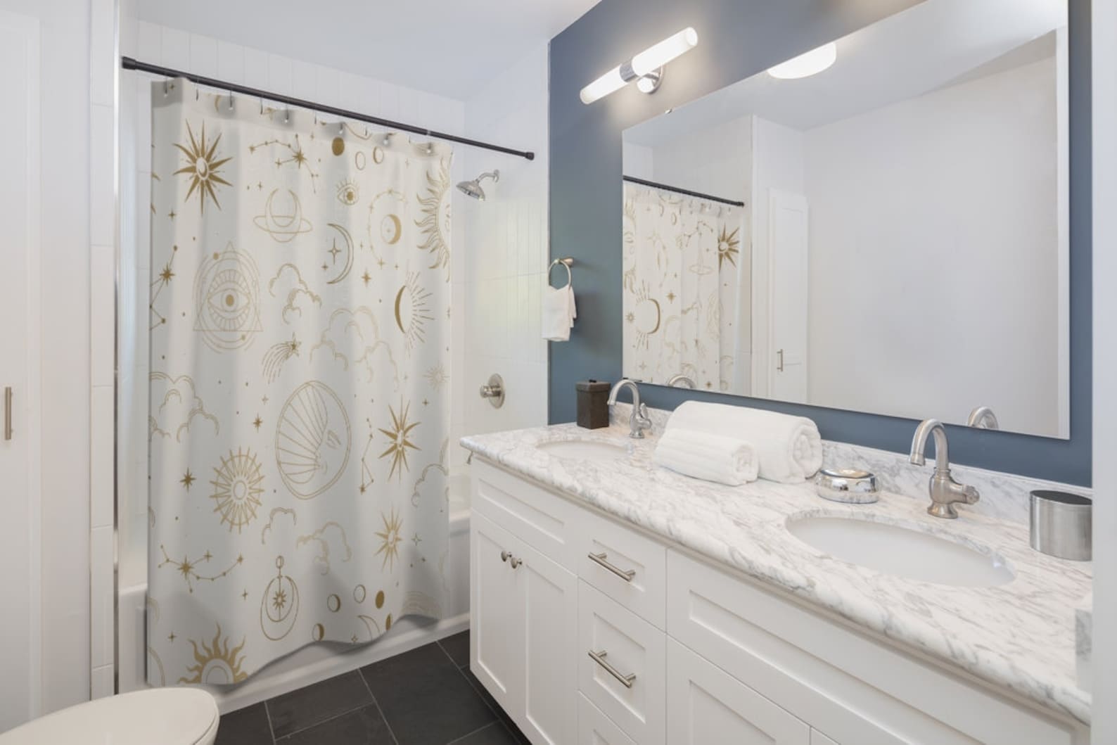 Mystic Shower Curtain Cream Gold Bathroom Decor Stars Sun Moon Etsy