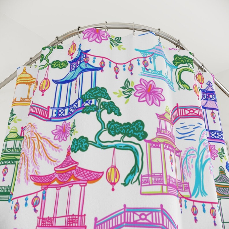 Chinoiserie Shower Curtain Vintage Bathroom Decor Colorful Etsy