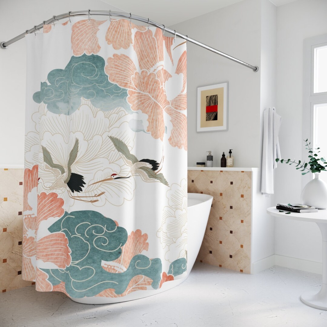 Crane Shower Curtain Japanese Bathroom Decor Peonies Shower Curtains