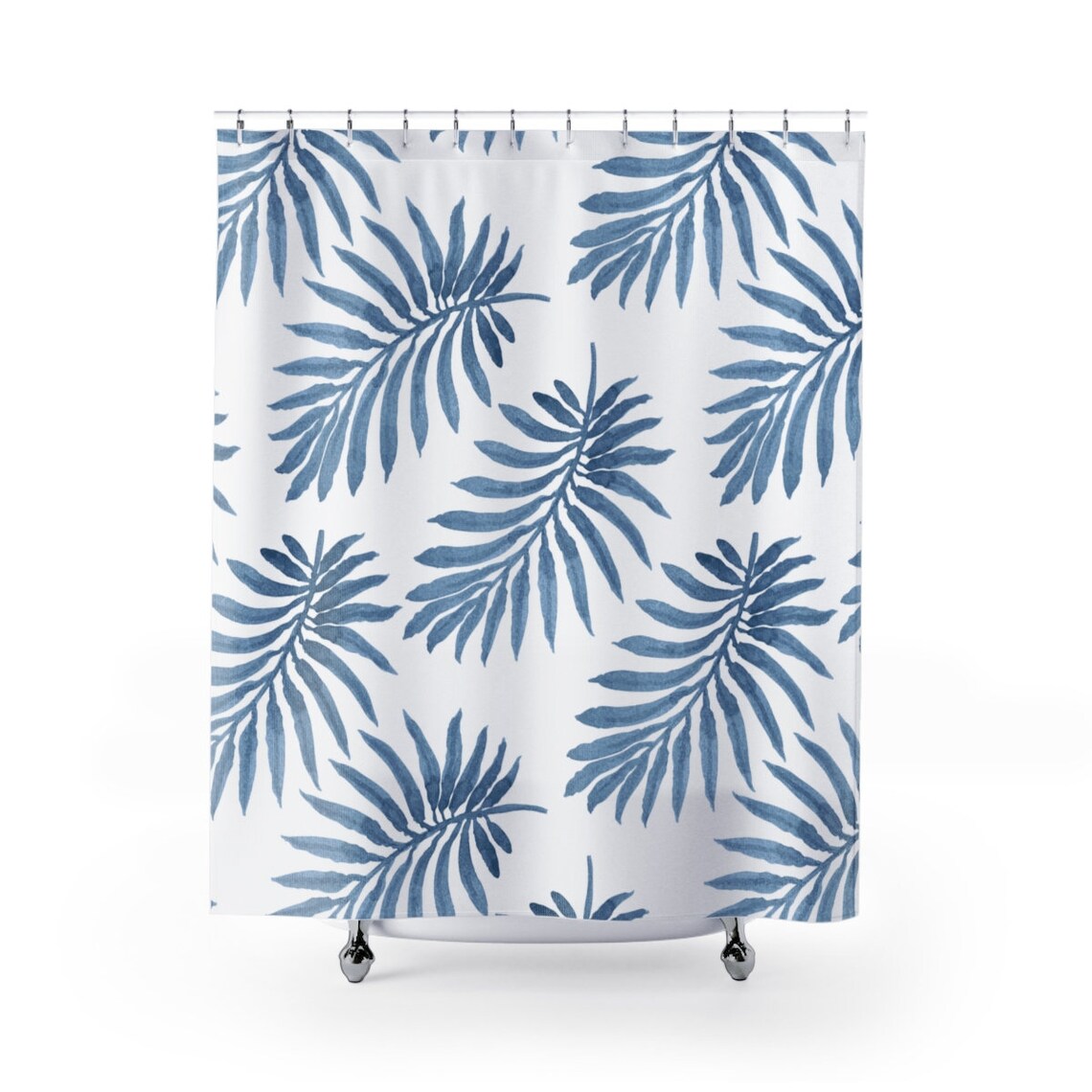 Jungle Shower Curtain Tropical Bathroom Decor Blue Palm Leaves Etsy