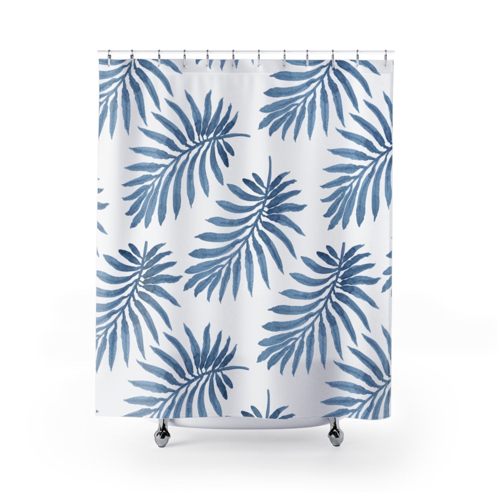Jungle Shower Curtain Tropical Bathroom Decor Blue Palm Leaves Etsy