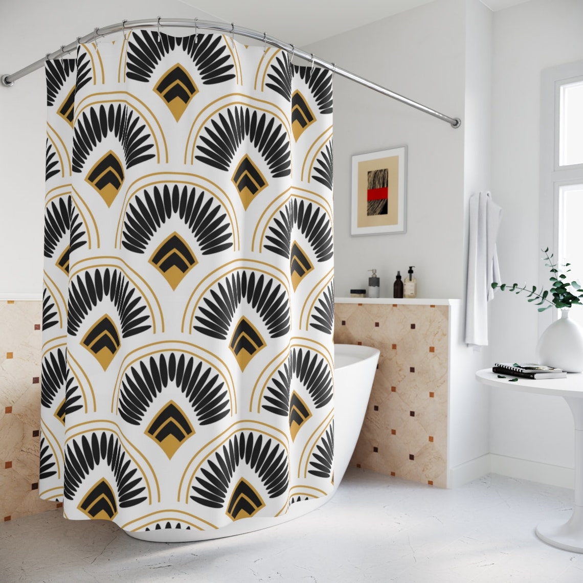 Art Deco Shower Curtain Elegant Bathroom Decor White Grey Etsy