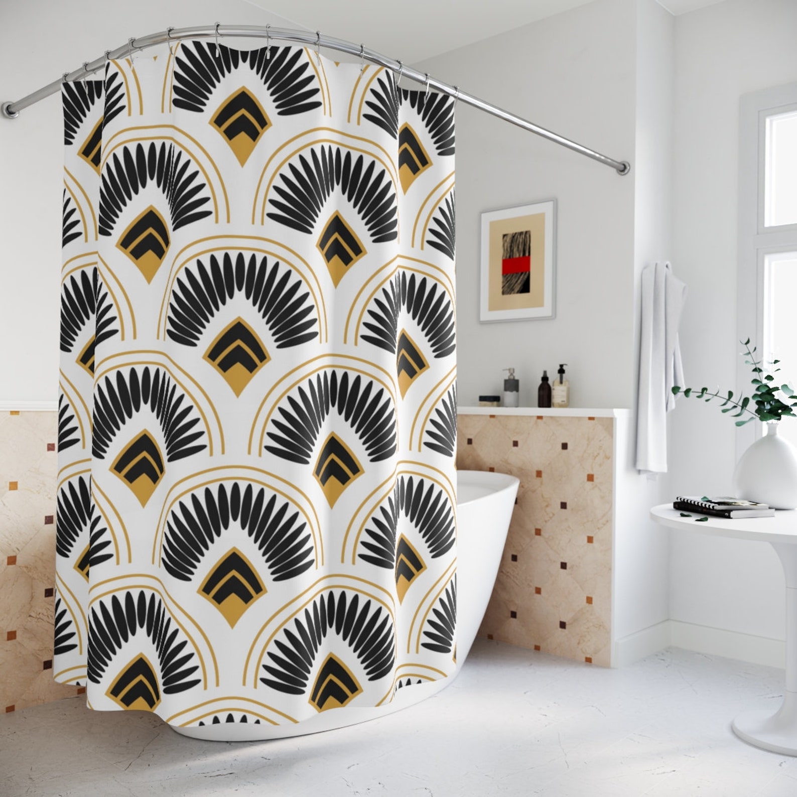 Art Deco Shower Curtain Elegant Bathroom Decor White Grey Etsy