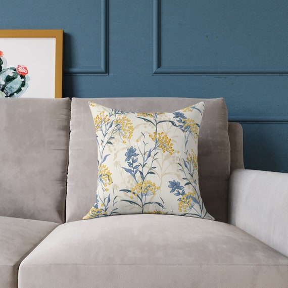 Floral Throw Pillow Cover Blue Yellow Pillow Case Decorative Pillow Cover Modern Accent Pillow Yellow Flowers Botanical Kitchen Etsy
