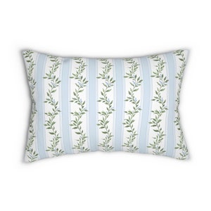 Grandmillennial Lumbar Throw Pillow greenery lumbar pillow floral home decor green blue white bedroom decor vintage regency stripes