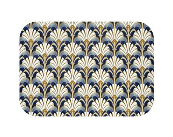 Art deco bath mat navy blue gold white bath mats geometrical flowers bathroom decor scallop bath rug bathroom mat art nouveau shower mat