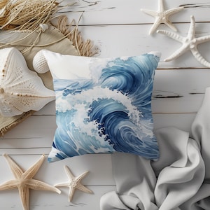 Blue wave throw pillow cover watercolo pillow case surfing home decor tropical bedroom decor beach house decor ocean seaside summer sea